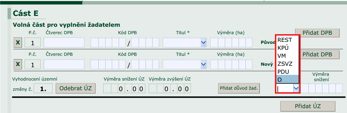 AEKO Příklad vyplnění formuláře při vyklučení (V) či dosadbě (D) 8) Výměra snížení. Žadatel uvede výměru snížení, na kterou má být uplatněn pardonovaný důvod příp. výměru snížení z důvodu ostatní.