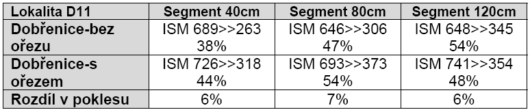 Obr. 44 DZ12, úsek C, schéma měřených bodů před a po segmentaci V Tab. 21 je uveden pokles celkové tuhosti konstrukce vyjádřené modulem ISM, který je vztažen k 100 % hodnotě tuhosti před segmentací.