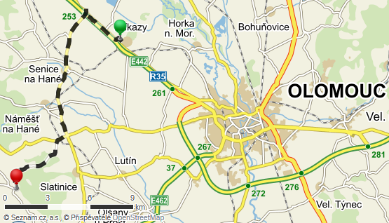 Mapa 16: Trasa autobusem ze skanzenu do Čech pod Kosířem, zdroj: www.mapy.