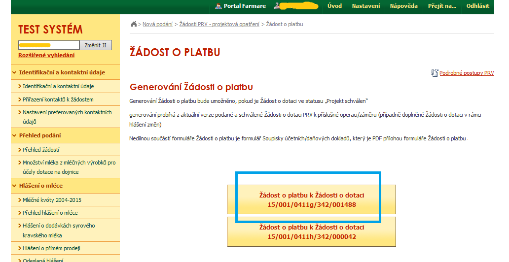 Následně se příjemci dotace zobrazí seznam Žádostí o dotaci, ke kterým je možné generovat Žádost o platbu. Příjemce dotace dle registračního čísla vybere požadovanou žádost. Obr.