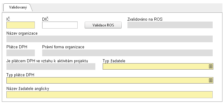 13.3. Ţadatel projektu (PO 3,5) Záloţka obsahuje základní údaje o ţadateli. Část údajů se automaticky doplní po úspěšné validaci IČ ţadatele (viz kap. 10) na registry ROS a RUIAN.