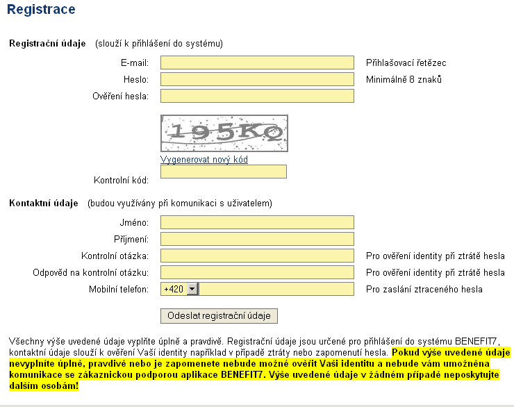 1.2. Registrace Na této záloţce Registrace levého menu úvodní stránky je moţné provést zaregistrování uţivatele do B7. Bez registrace není moţné podat PŢ a následně MZ a ŢOP.