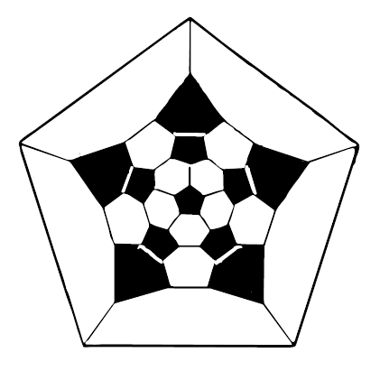 Planární grafy C60 C70 C72 C50 pětiúhelníky jsou vybarveny černě.