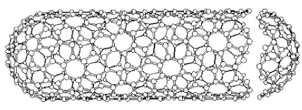 Trubicové fullereny Nazývají se také tubuleny. Stěny jsou tvořeny svitkovitě stočenou grafitovou plochou ve 2 až 50 vrstvách se vzdáleností mezi rovinami 0,35 nm.