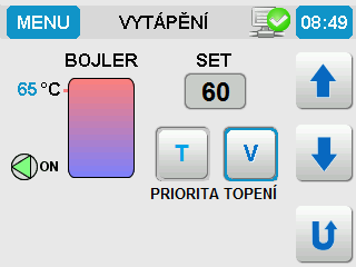 2.2.3 Obrazovka s nastavením teplé užitkové vody (TUV) Pokud je součástí otopné soustavy i ohřev užitkové vody bojler, je zobrazena obrazovka s nastavením TUV.
