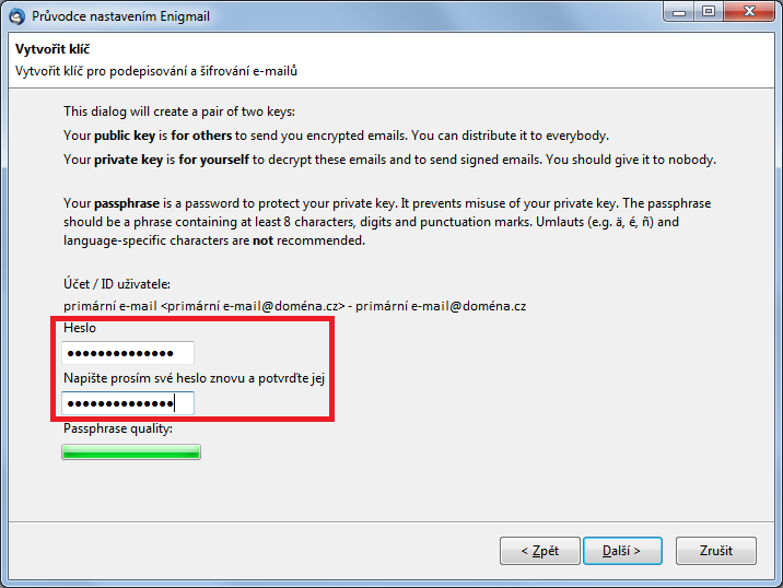 V dalším kroku musíte pro vybraný pár klíčů zvolit do příslušných polí heslo a potvrdit