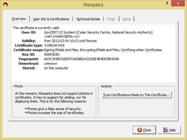 V poli fingerprint by se měly nacházet tyto hodnoty: 663C 393B 542D E973 A08B DA33 22EE 4B4E 859D 5D80 BD5F 3D1A 9363 E33C FEEB F160