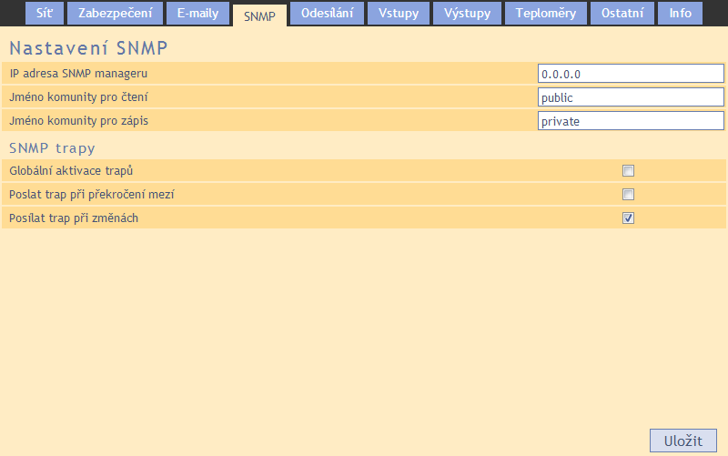 Quido ETH S N M P Parametry pro integraci Quido do Vašeho SNMP manageru. IP adresa SNMP manageru obr. 27 panel nastavení SNMP IP adresa serveru, který shromažďuje SNMP zprávy od zařízení v síti.