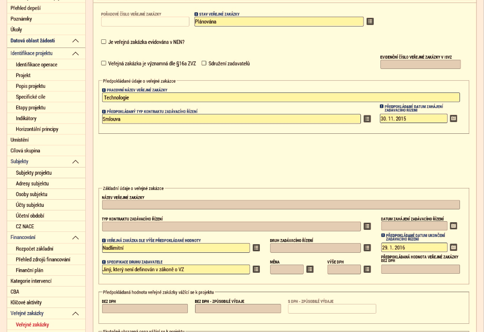 Veřejné zakázky V případě, že žadatel plánuje realizovat zadávací řízení na projektu, musí být na projektu založena min. jedna zakázka ve stavu plánováno.