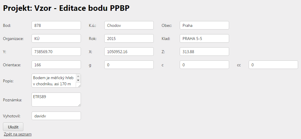 2.4.4 Body PPBP Skupina funkcí pro práci s body bodových polí, umožňují zobrazení seznamu bodů bodových polí, jejich zobrazení v mapovém podkladu a zobrazení místopisů vybraných bodů. 2.4.4.1 Seznam bodů PPBP Funkce umožňuje zobrazit seznam bodů PPBP, jejich základních údajů a dále pak přidání nového bodu a editaci či smazání stávajícího.