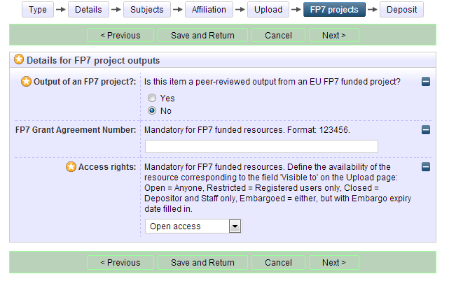 Fact sheet: Eprint types Pokud váš eprint NENÍ součástí projektu financovaného z EU FP7, můžete tuto stránku přeskočit (přednastavená volba je no =ne ).