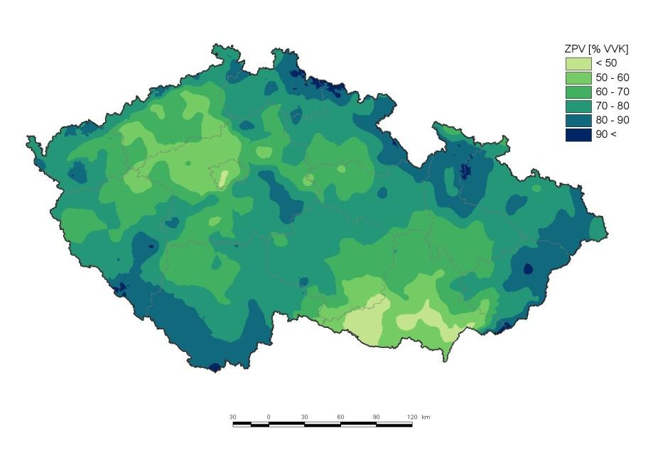 Zásoba využitelné vody v půdě pod travním porostem [%VVK] na území ČR, průměrné dlouhodobé hodnoty