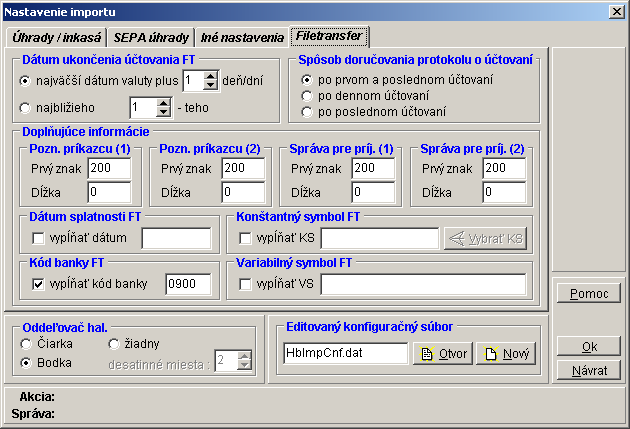 4. Záložka Filetransfér: Import Filetransfer využíva nastavenie pozícií parametrov z predchádzajúcich záložiek Úhrady a Iné nastavenia.