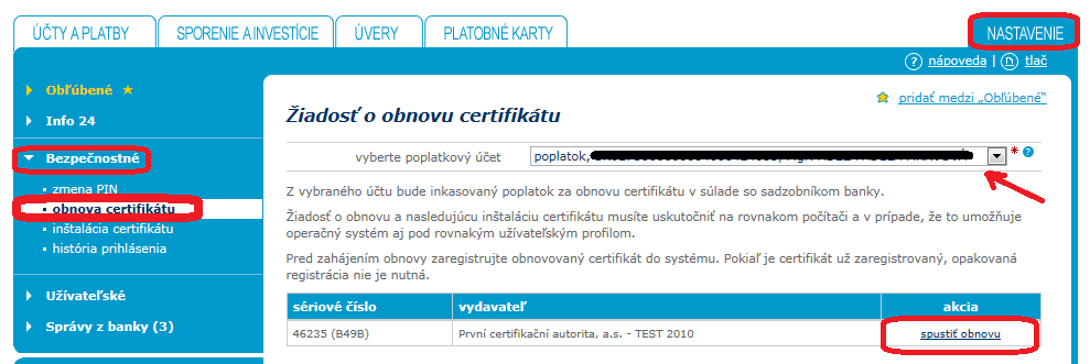 3. Proces obnovy certifikátu Postup obnovy certifikátu je rozdelený do krokov: a) Spustenie obnovy v aplikácii elektronického bankovníctva b) Zobrazenie kontrolnej stránky c) Kontrola údajov z