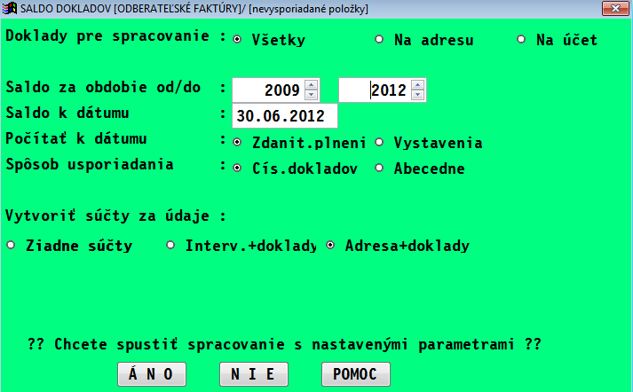 Saldo Odberateľských, Dodávateľských, Záväzkov, Pohľadávok Pred spustením spracovania salda nastavujete nasledovné parametre: Doklady pre spracovanie: Všetky - do salda sa prevedú všetky doklady u