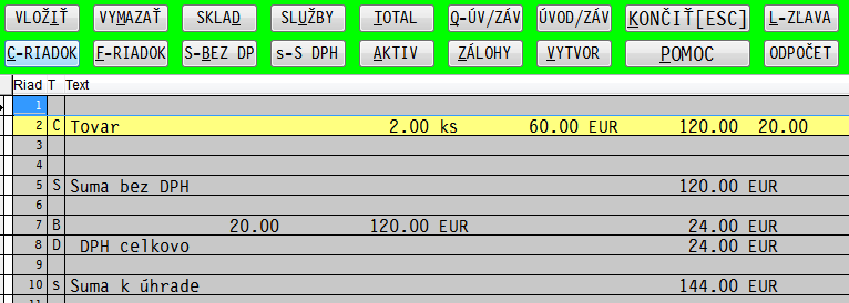 <L> po stlačení tejto klávesy dostaneme možnosť zadania zľavy v %, kde zadáme text, výšku v % a po stlačení klávesy <ENTER> a po ukončení riadku sa nám v riadku vytvorí hodnota zľavy z položiek.