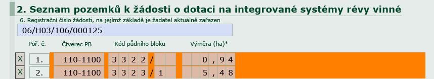 Výměra - ţadatel uvede v prvním řádku u PB výměru celého půdního bloku (součet všech dřevin, nikoliv výměry jednotlivých dřevin), na kterou bude v ţádosti poţadovat poskytnutí dotace Integrované