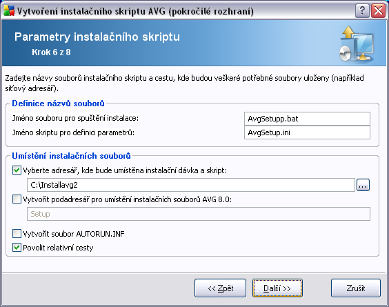 V tomto kroku můžete vybrat název souborů pro instalační skripty, jejich umístění a související nastavení.