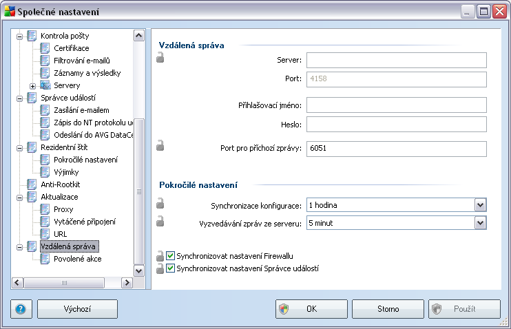 10.1.3. Vzdálená_Správa Nastavení Vzdálená správa dostupné z AVG Admin Konzole obsahuje v porovnání s nastavením na stanici navíc některé položky.