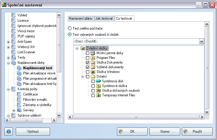 10.1.7. Naplánované testy V průběhu vytváření nového naplánovaného testu můžete volit mezi volbou Test celého počítače a Test vybraných souborů či složek.