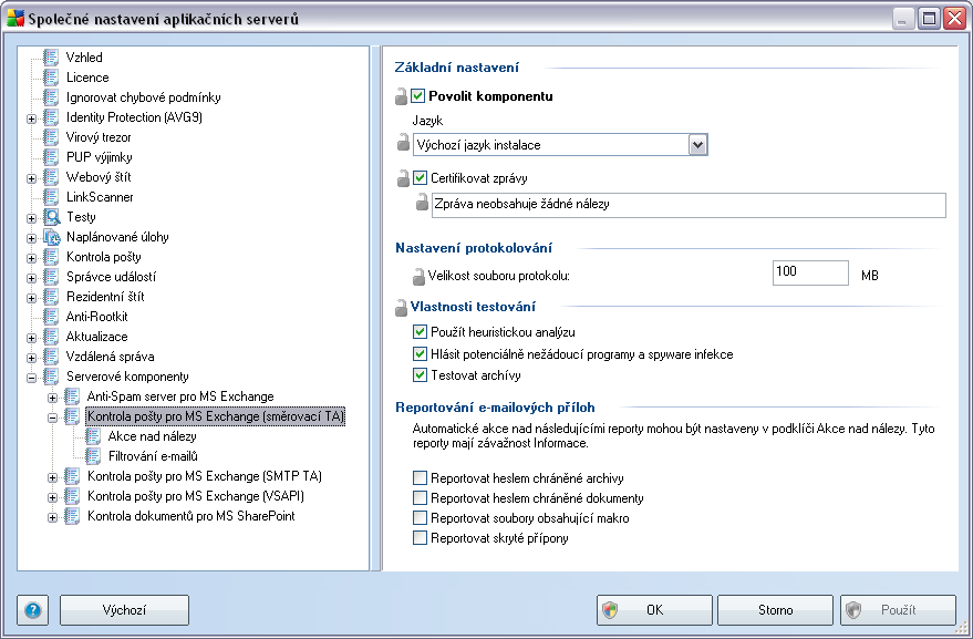 10.3.3. Kontrola pošty pro MS Exchange (směrovací TA) Tato položka obsahuje možnosti nastavení Kontroly pošty pro MS Exchange (směrovací transportní agent).