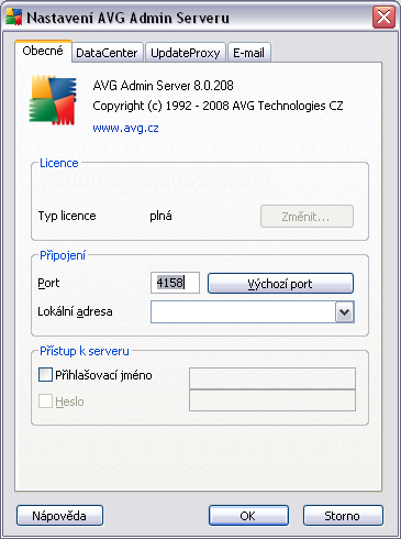 Nastavení serveru umožní změnit konfiguraci AVG Admin Serveru.