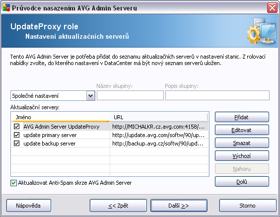 V tomto dialogu je možno přidat URL aktuálně nasazovaného AVG Admin Serveru do seznamu aktualizačních serverů aplikovaných do nastavení stanic.