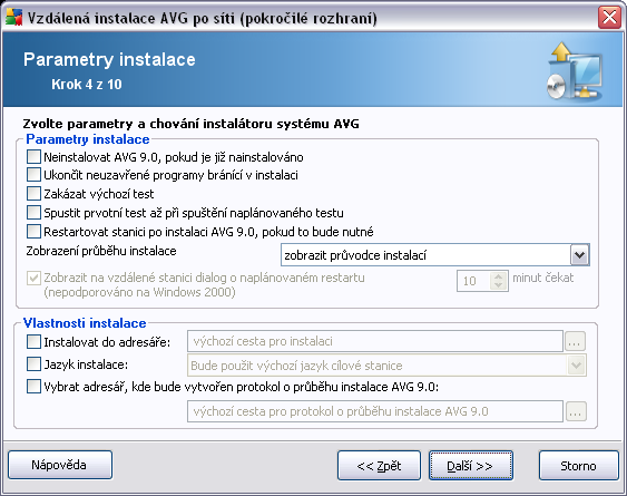 V dialogu Parametry instalace lze vybírat z následujících voleb: Neinstalovat AVG 9.