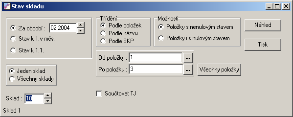 9.2. Výstupní sestavy Tato nabídka obsahuje následující body: 1. Stav skladu 2. Skladová regleta 3. Pohyby za období 4. Sestava dokladů 5. Hromadný tisk dokladů 6. Položky pod minimem 7.