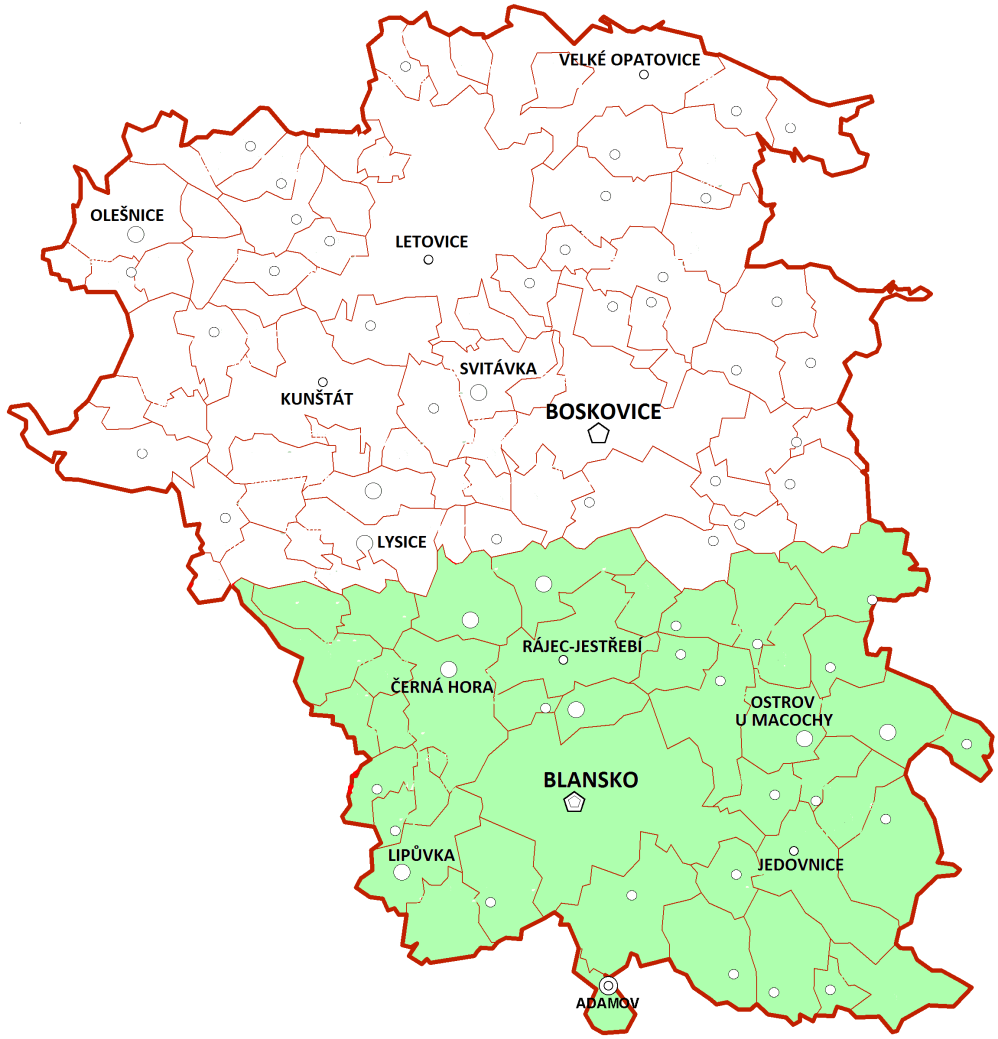Obrázek 3 Spádová území nemocnic okresu Blansko Zdroj: (10), úprava autor Nemocnice Blansko zajišťuje LPS pro dospělé ve správním obvodu obce Blansko. Spádové území má 55 976 obyvatel.