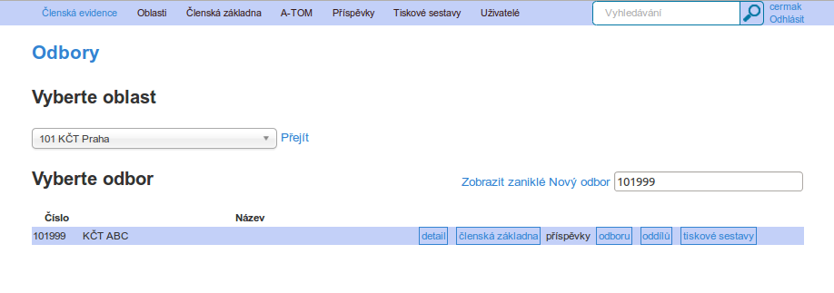 Obrázek 2.1: Stránka s p ehledem odbor Tiskové sestavy - proklik na tiskové výstupy z Evidence s p edvoleným íslem odboru.