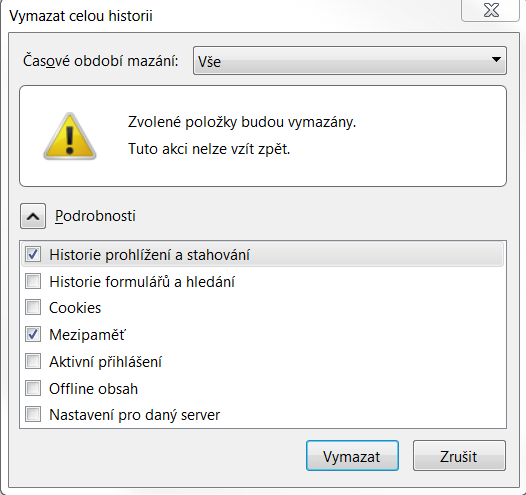 Z nabídky vyberte řádek Vymazat nedávnou historii. Zobrazí se vám okno, kde můžete upřesnit, které části historie chcete odstranit.
