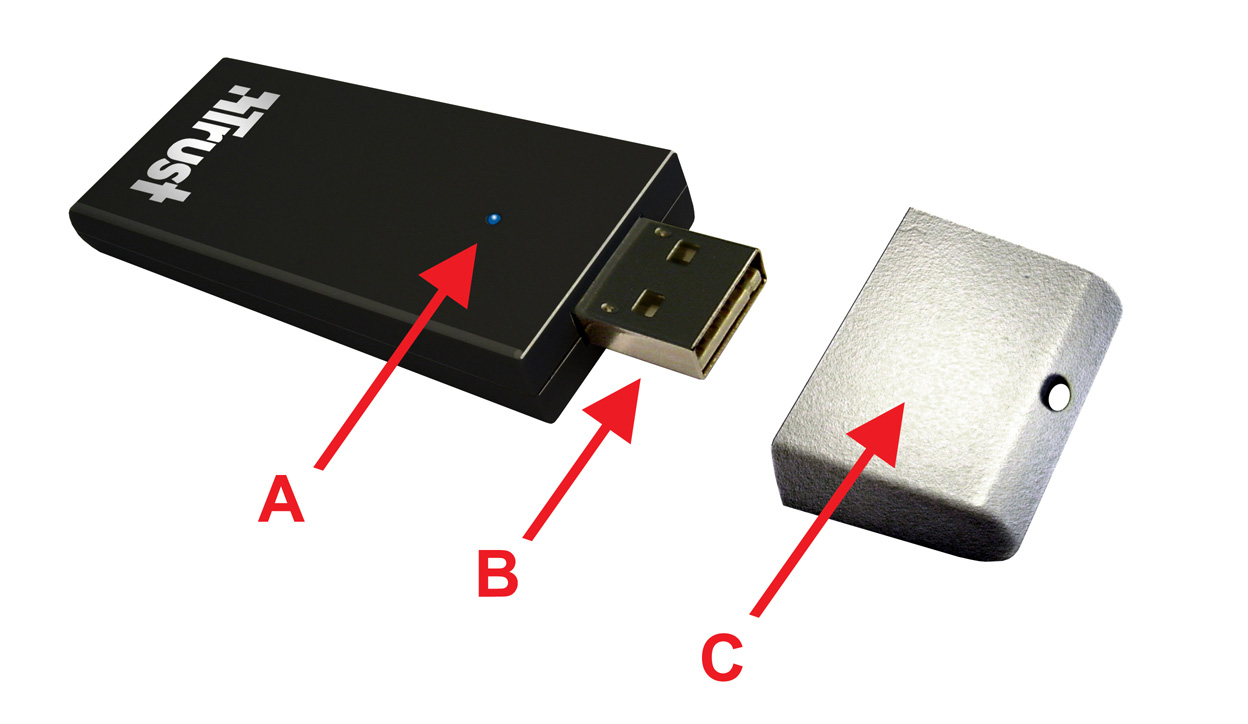 Informace o výrobku A: Indikátor napájení a spojení (Spojení: Tento indikátor svítí/bliká) B: Konektor USB.0 C: Ochranné víčko Instalace Zapněte počítač.