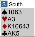 Následující rozdání ukazuje odehrání vysokých karet spolu s prevencí zablokování: Závazek: 3NT, sehrává S, výnos 5 Ze stolu jde král.
