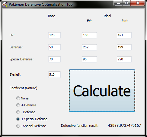 Proto jsem vytvořil program DefensiveEV.exe, který řeší optimalizaci obranných EV pro jakoukoliv povahu hrubou silou. Uživatel zadá základy pro HP, Def a SpD a počet volných EV (což je hodnota 4G).