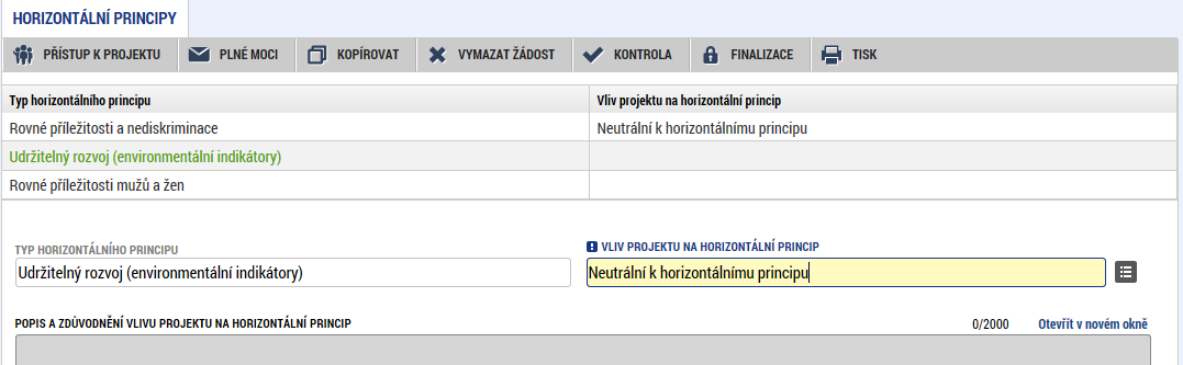 Editovatelné pole se zpřístupní po označení konkrétního typu horizontálního principu.