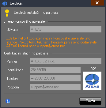 Kromě certifikátu instalačního partnera se v tomto dialogu zobrazuje také jméno či název koncového uživatele licence.