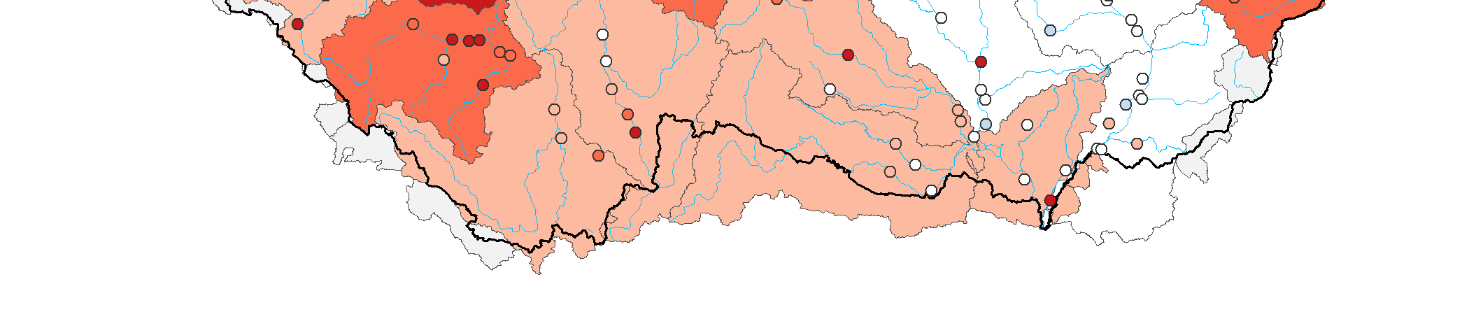 Mapa ukazuje stav podzemní vody ve sledovaných vrtech a oblastech povodí dle pravděpodobnosti překročení úrovně hladin v daném kalendářním měsíci v referenčním období 1981 2010 (viz text).