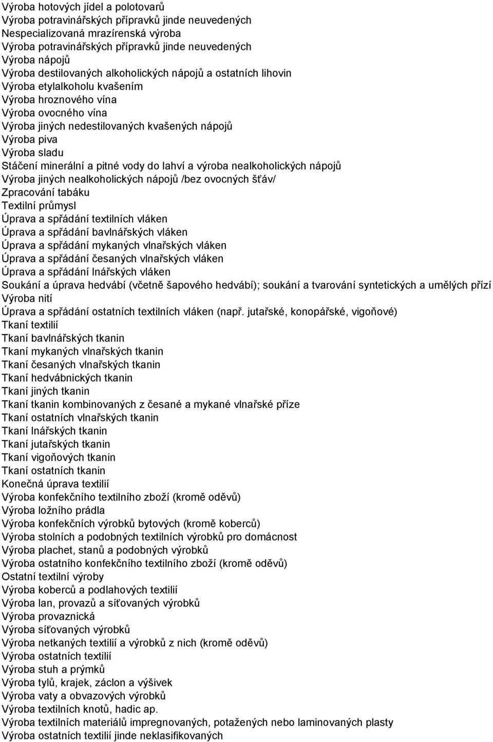 Stáčení minerální a pitné vody do lahví a výroba nealkoholických nápojů Výroba jiných nealkoholických nápojů /bez ovocných šťáv/ Zpracování tabáku Textilní průmysl Úprava a spřádání textilních vláken