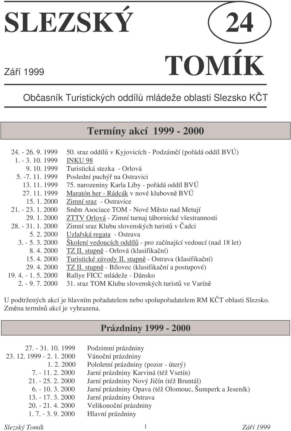 1. 2000 Zimní sraz - Ostravice 21. - 23. 1. 2000 Snm Asociace TOM - Nové Msto nad Metují 29. 1. 2000 ZTTV Orlová - Zimní turnaj tábornické všestrannosti 28. - 31. 1. 2000 Zimní sraz Klubu slovenských turist v adci 5.