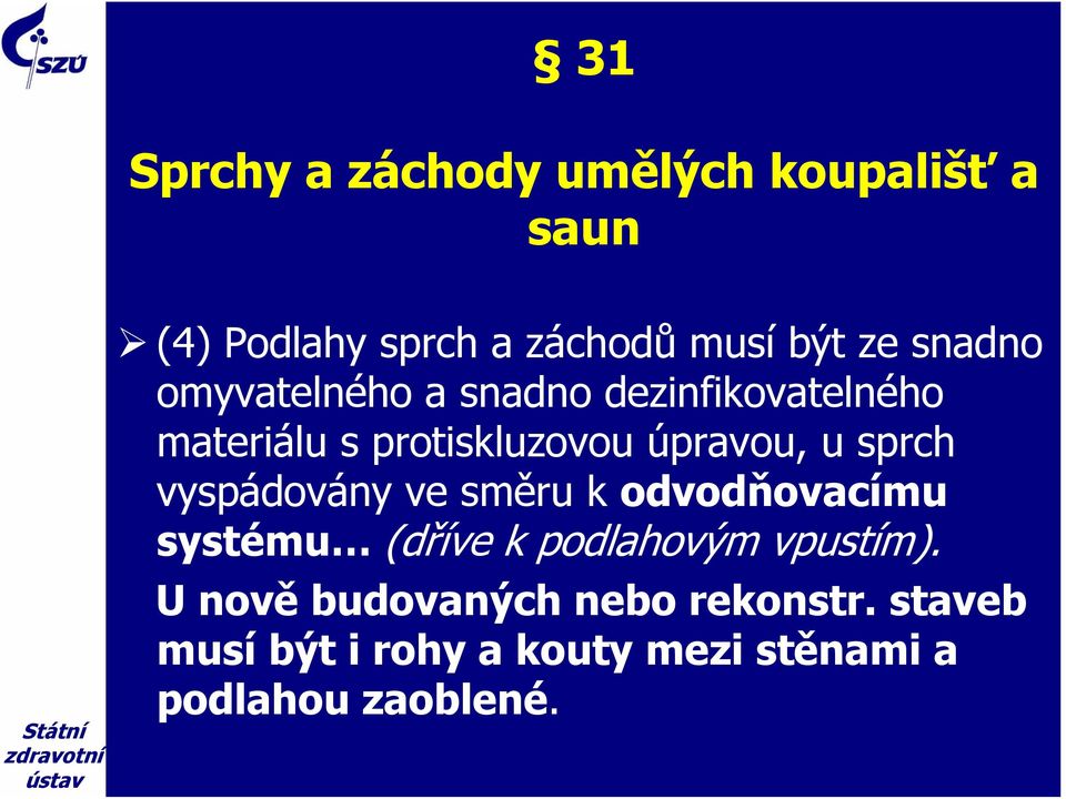 sprch vyspádovány ve směru k odvodňovacímu systému (dříve k podlahovým vpustím).