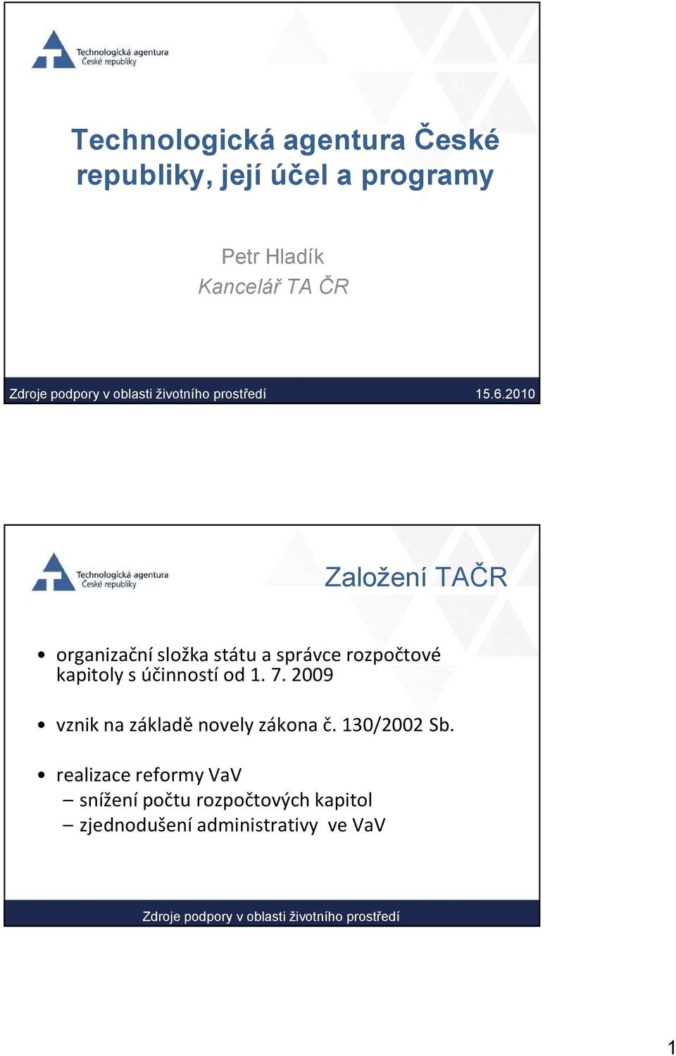 2010 Založení TAČR organizační složka státu a správce rozpočtové kapitoly