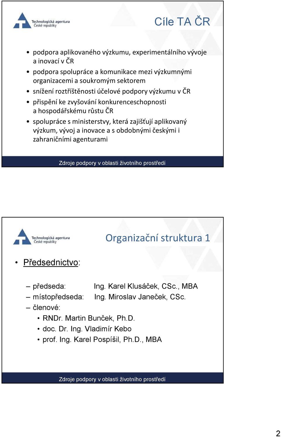 která zajišťují aplikovaný výzkum, vývoj a inovace a s obdobnými českými i zahraničními agenturami Předsednictvo: Organizační struktura 1 předseda: Ing.