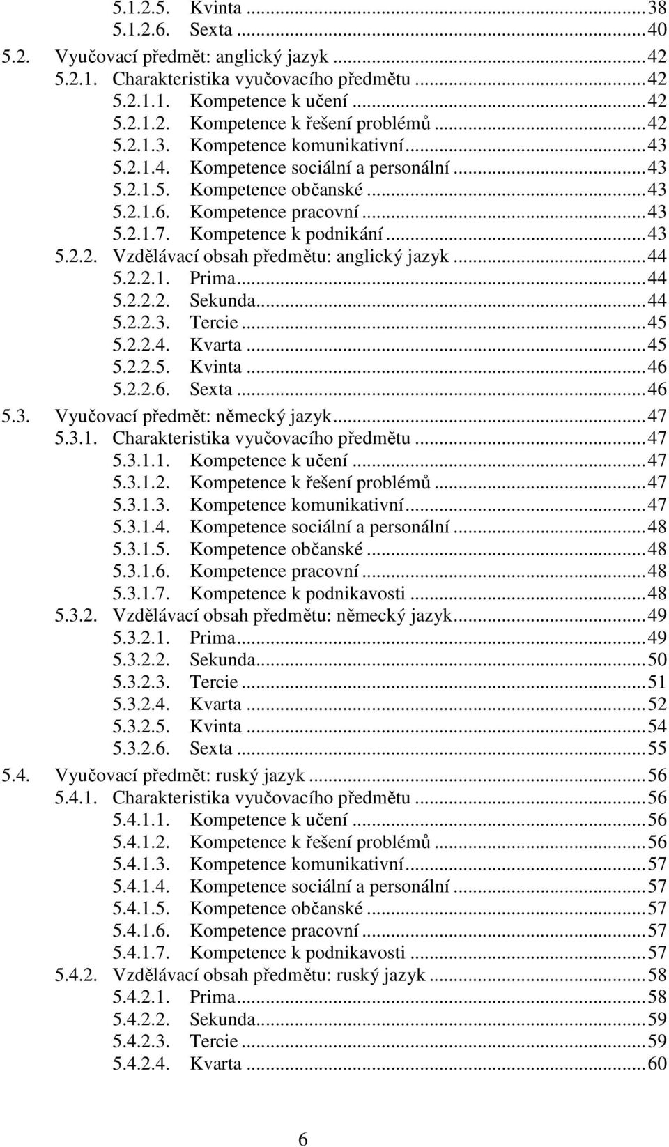 .. 43 5.2.2. Vzdělávací obsah předmětu: anglický jazyk... 44 5.2.2.1. Prima... 44 5.2.2.2. Sekunda... 44 5.2.2.3. Tercie... 45 5.2.2.4. Kvarta... 45 5.2.2.5. Kvinta... 46 5.2.2.6. Sexta... 46 5.3. Vyučovací předmět: německý jazyk.