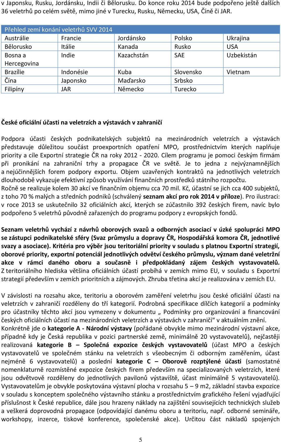 Slovensko Vietnam Čína Japonsko Maďarsko Srbsko Filipíny JAR Německo Turecko České oficiální účasti na veletrzích a výstavách v zahraničí Podpora účasti českých podnikatelských subjektů na