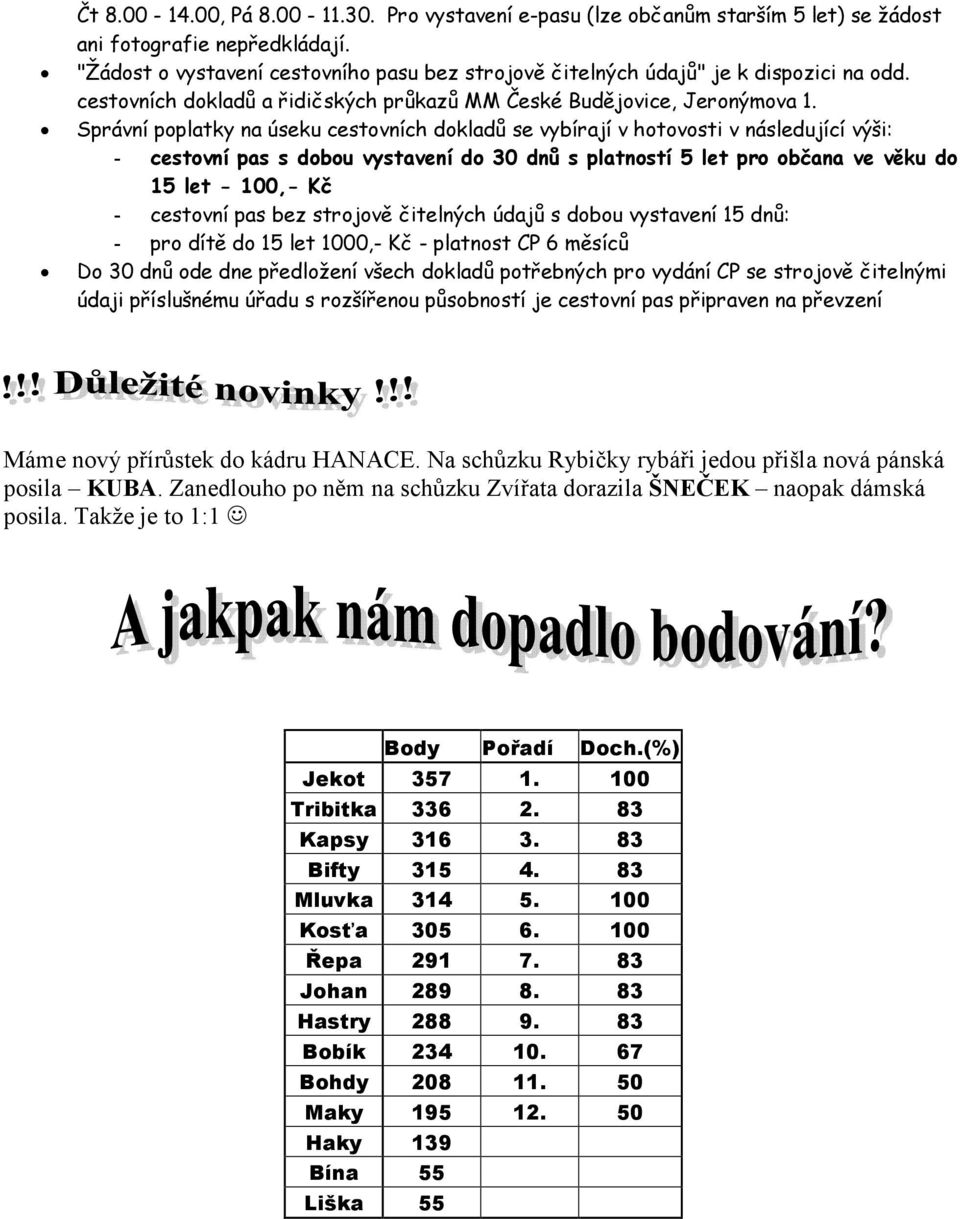 Správní poplatky na úseku cestovních dokladů se vybírají v hotovosti v následující výši: - cestovní pas s dobou vystavení do 30 dnů s platností 5 let pro občana ve věku do 15 let - 100,- Kč -