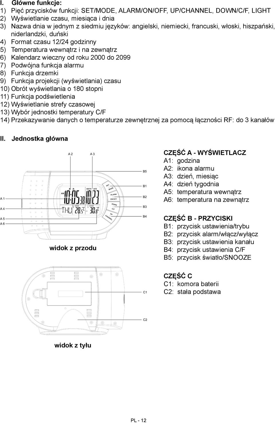 alarmu 8) Funkcja drzemki 9) Funkcja projekcji (wyświetlania) czasu 10) Obrót wyświetlania o 180 stopni 11) Funkcja podświetlenia 12) Wyświetlanie strefy czasowej 13) Wybór jednostki temperatury C/F