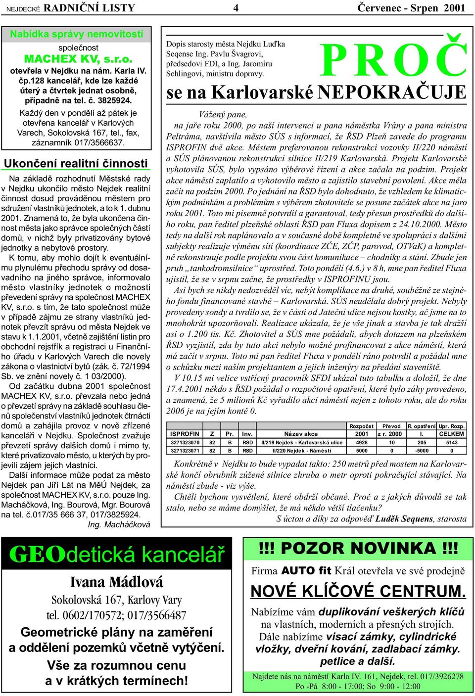 7 A HA= EJ E IJE Na základì rozhodnutí Mìstské rady v Nejdku ukonèilo mìsto Nejdek realitní èinnost dosud provádìnou mìstem pro sdružení vlastníkù jednotek, a to k 1. dubnu 2001.