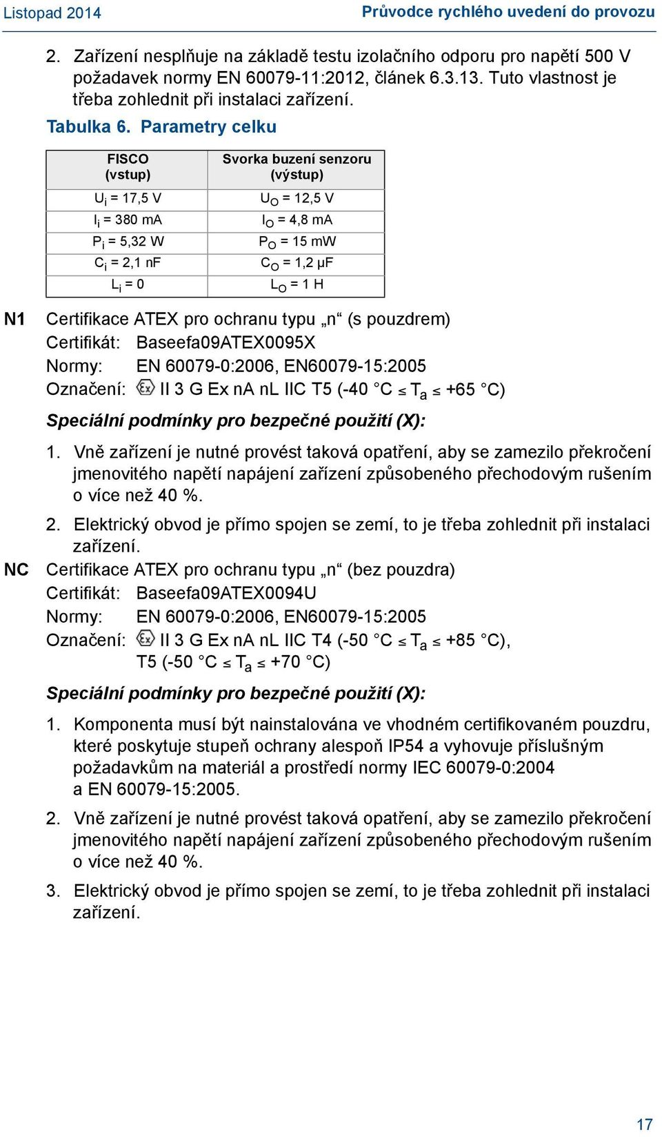 Parametry celku FISCO (vstup) U i = 17,5 V I i = 380 ma P i = 5,32 W Svorka buzení senzoru (výstup) U O = 12,5 V I O = 4,8 ma P O = 15 mw C i = 2,1 nf C O = 1,2 µf L i = 0 L O = 1 H N1 NC Certifikace