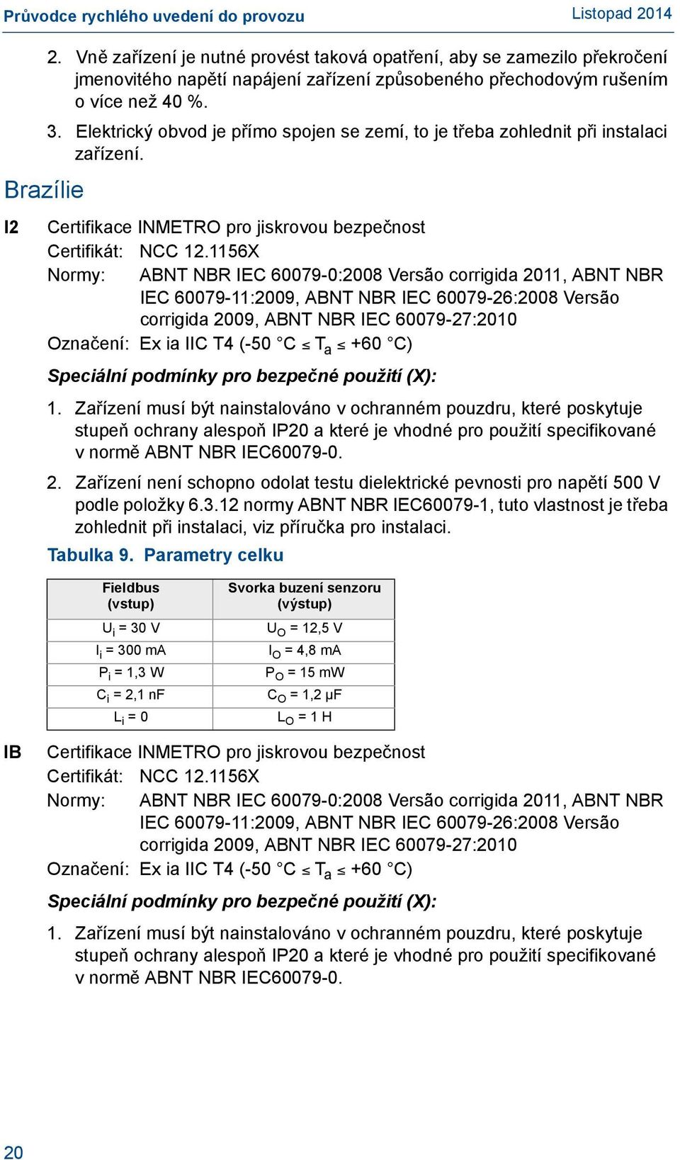 1156X Normy: ABNT NBR IEC 60079-0:2008 Versão corrigida 2011, ABNT NBR IEC 60079-11:2009, ABNT NBR IEC 60079-26:2008 Versão corrigida 2009, ABNT NBR IEC 60079-27:2010 Označení: Ex ia IIC T4 (-50 C T